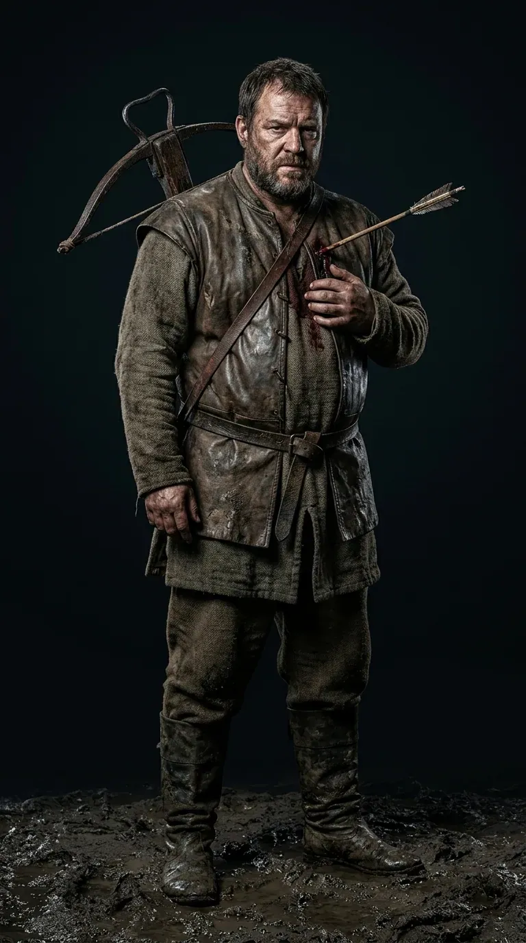 The crossbowman. crossbow slung, an arrow in his hand, blood on his chest