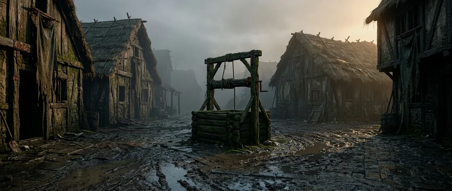 Rotten Ford. a moss-grown well, fog over the swamp