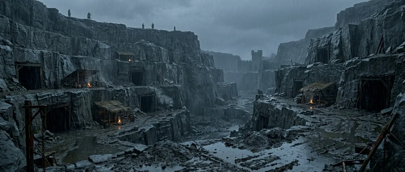 The lip of the quarry. fires under lean-tos, watchmen on the rim