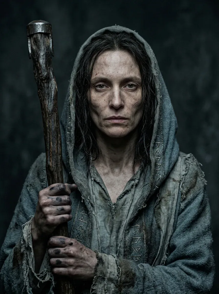 The mage. ink-stained fingers, runes on a worn robe
