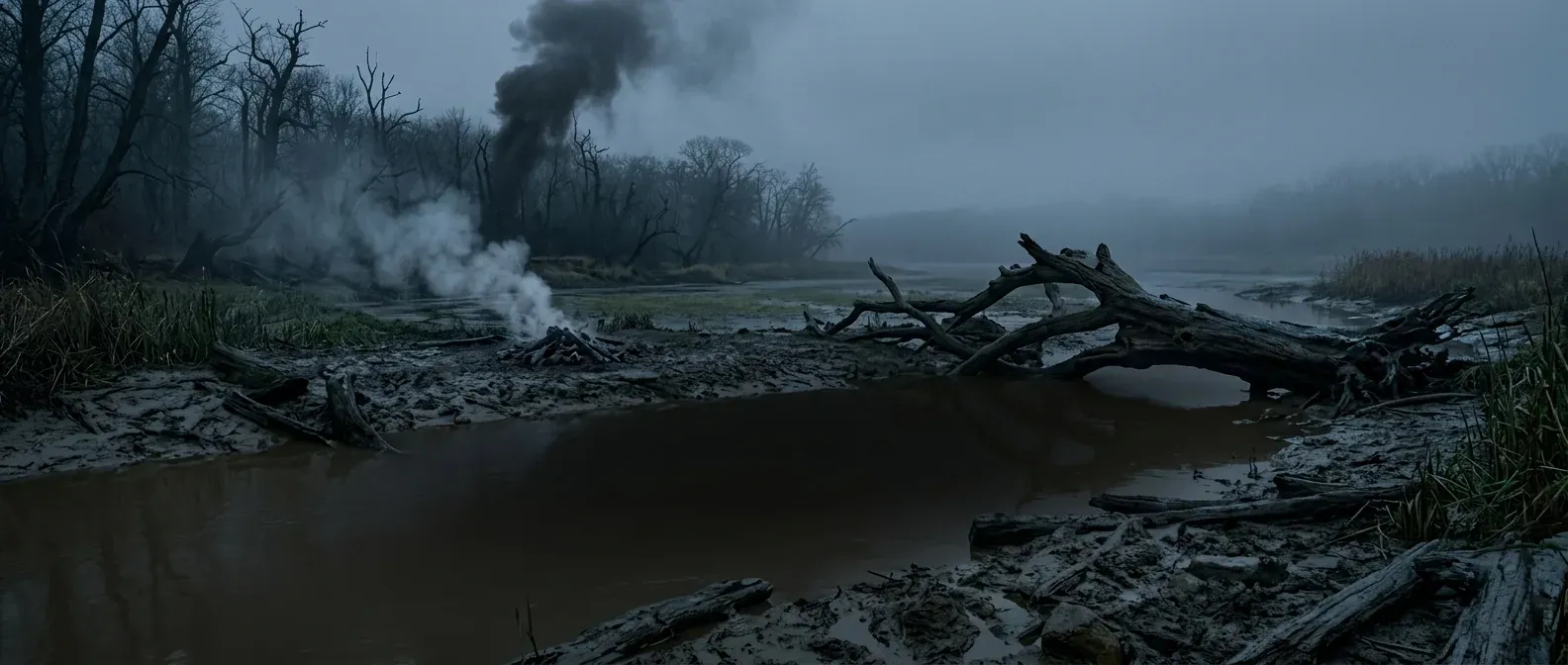 Dawn over the river. a column of smoke over the trees, a fire gone cold