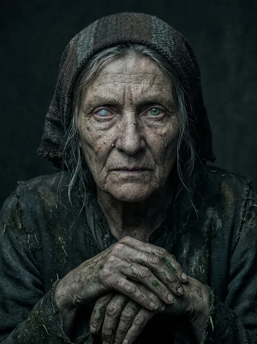 The old woman. a clouded eye, a headscarf, hands stained with herbs